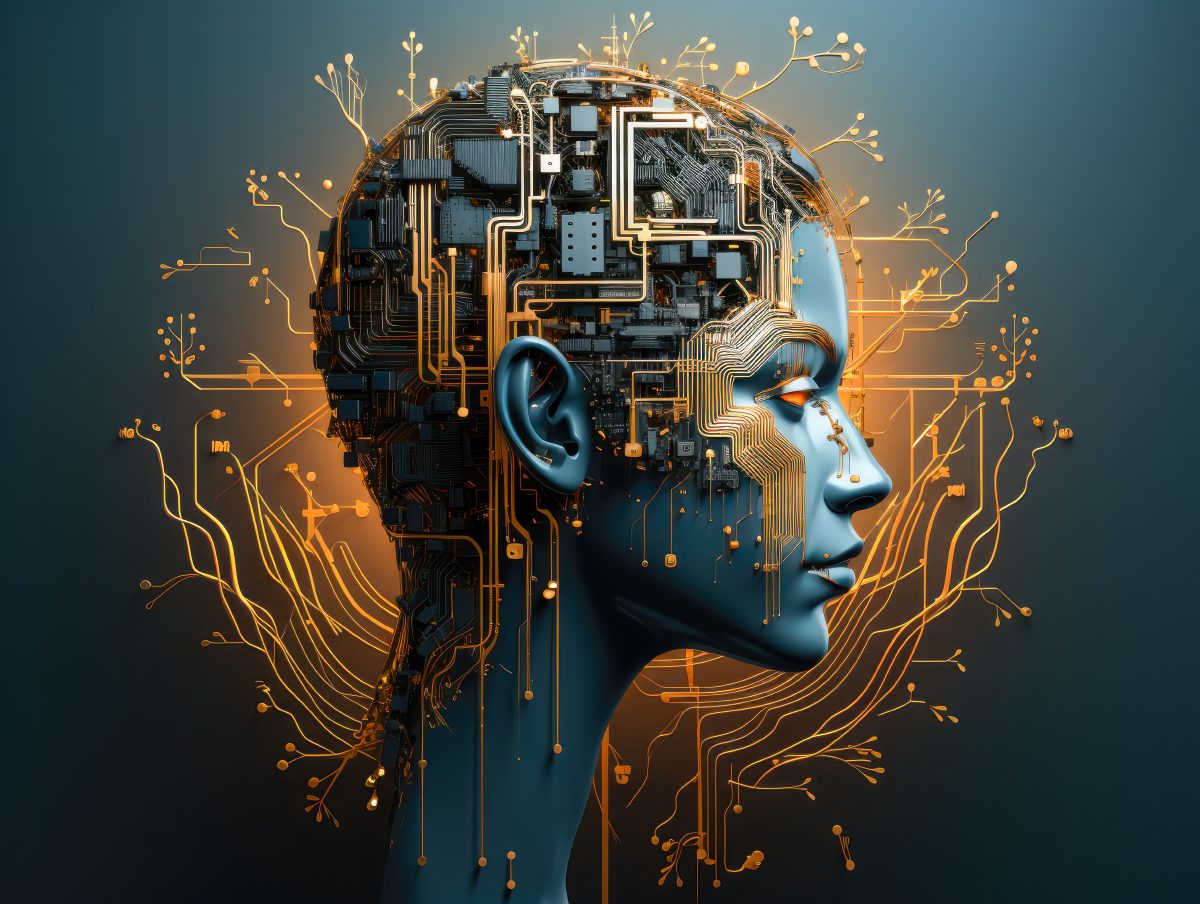 Abstract rendering of a face merged with glowing circuitry, evoking AI processing