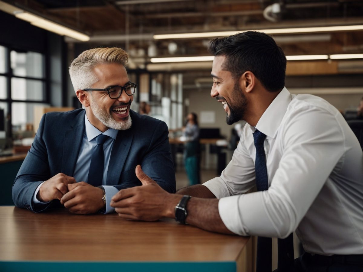 Two people talking through a project, one gesturing mid-explanation